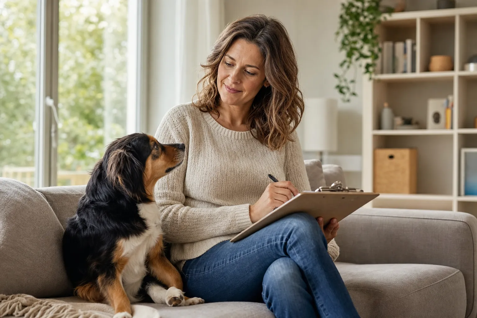 Hundehalterin prüft mit einer Checkliste die Hundeversicherung, ihr Hund sitzt neben ihr