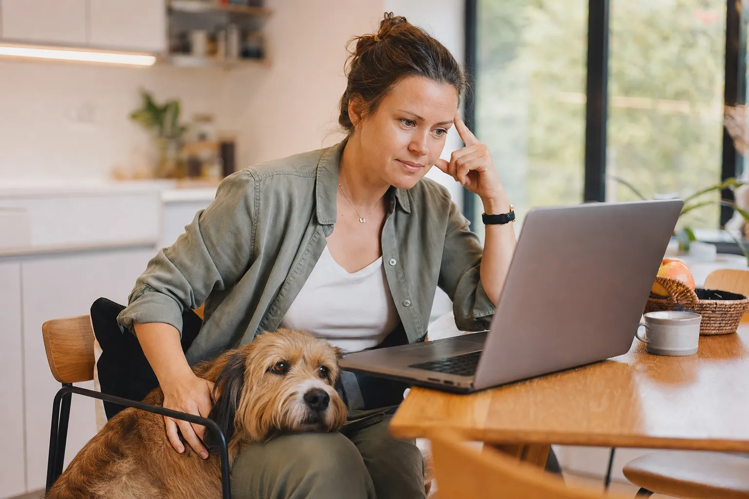Hundehalterin sucht am Laptop nach der passenden Hundeversicherung