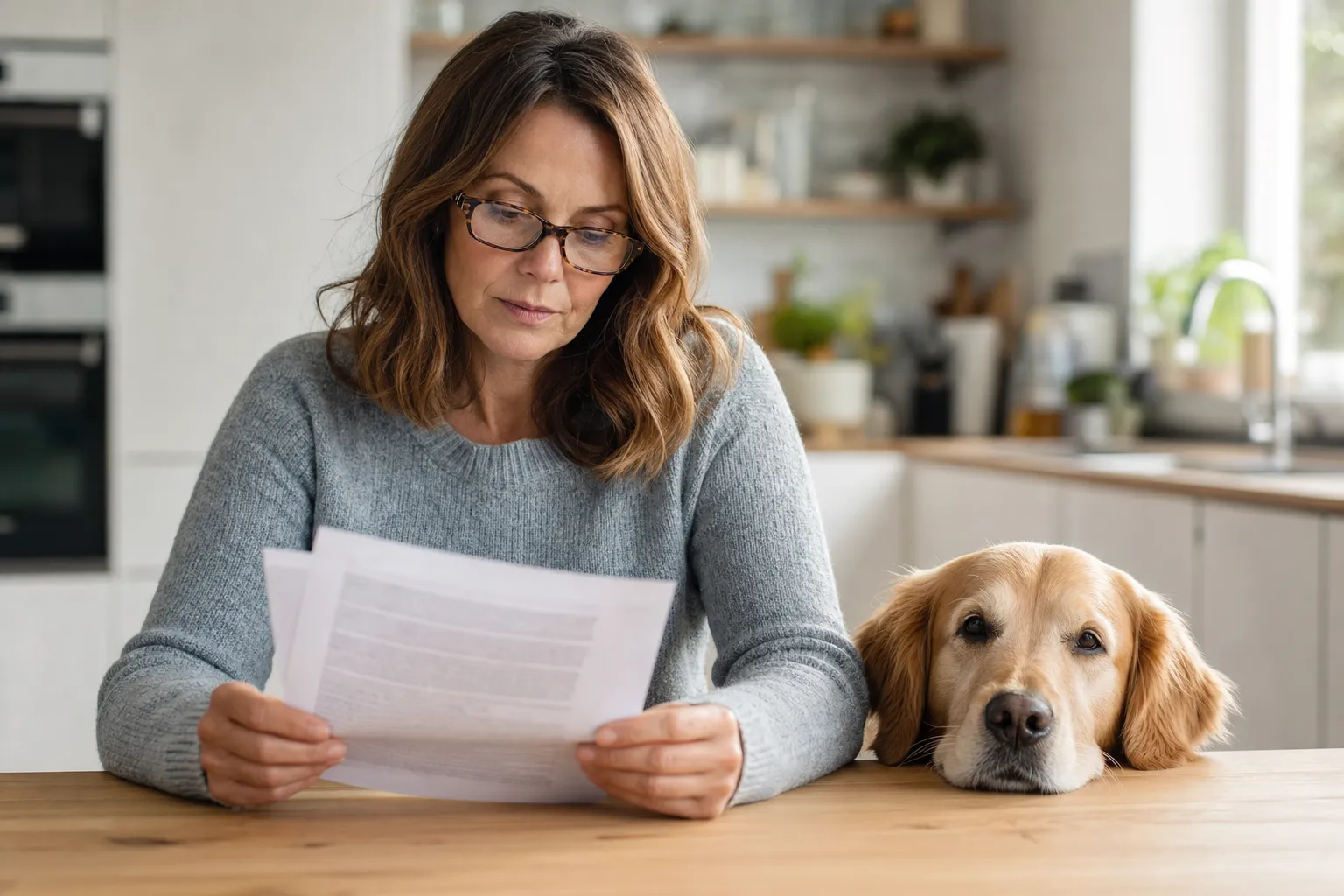 Hundehalterin liest konzentriert die Vertragsbedingungen, ihr Golden Retriever neben ihr