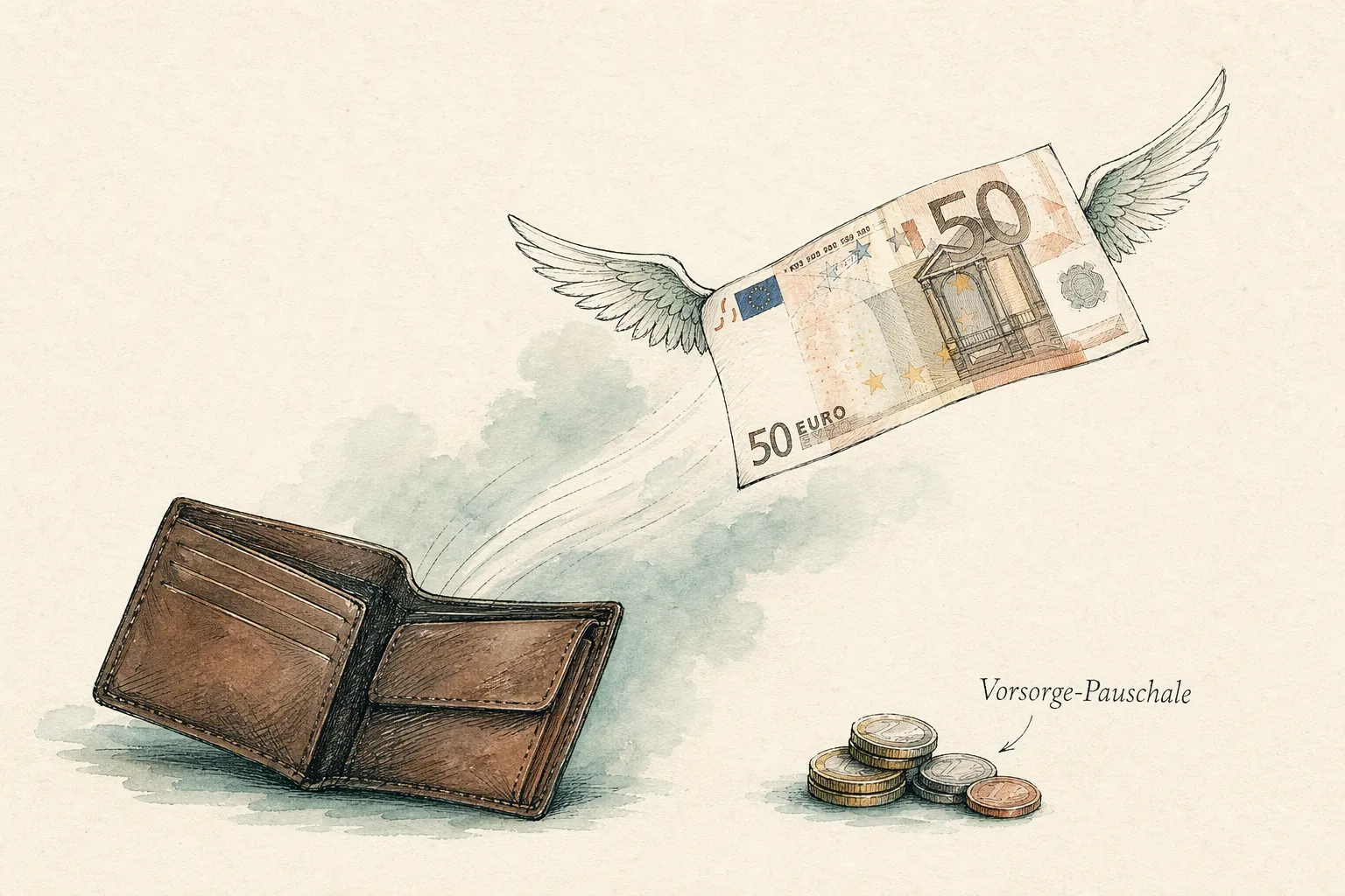 Handgezeichnete Editorial-Illustration: Ein 50-Euro-Schein mit Flügeln fliegt aus einem Geldbeutel und landet auf einem kleineren Münzstapel Vorsorge-Pauschale